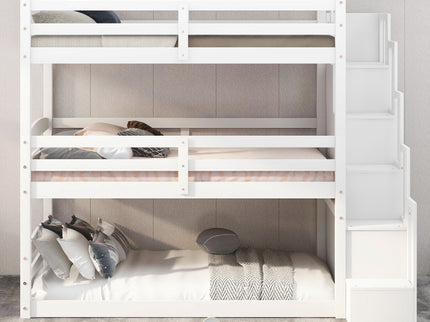 Twin Size Triple Bunk Bed With Storage Staircase, Separate Design - White