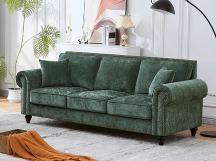 3 Seater Sofa With Tufted Upholstery, Rolled Arms, Nailhead Trim