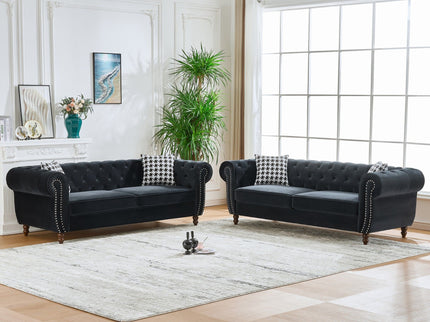 Chesterfield Upholstery Fabric Sofa With Roll Armrest & Nailhead, Mid Century Modern 3 And 3 Seater Couch