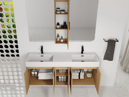 Floating Double Sink Bathroom Vanity Set With Tall Linen Cabinet, Extra Large Storage, Integrated Sink, Soft Close Doors - Glossy White / Light Oak