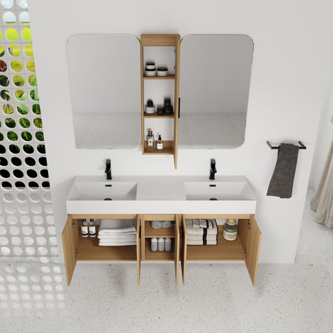 Floating Double Sink Bathroom Vanity Set With Tall Linen Cabinet, Extra Large Storage, Integrated Sink, Soft Close Doors - Glossy White / Light Oak