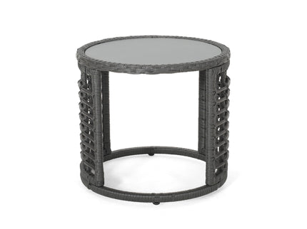 Achill - Outdoor Modern Boho Wicker Side Table With Glass Top - Gray