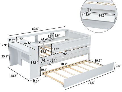Twin Daybed With Drawers, Trundle, Headboard Storage, Study Desk, And USB Charging Station - White