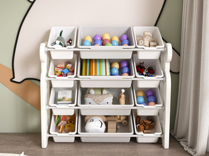 Multi Functional Kids Toy Storage Organizer Cabinet With Hdpe Shelf And 12 Bins - Gray White
