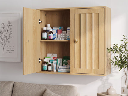 Wall Mounted Bathroom Cabinet With Double Doors And Vertical Grooved Design For Bathrooms - Oak