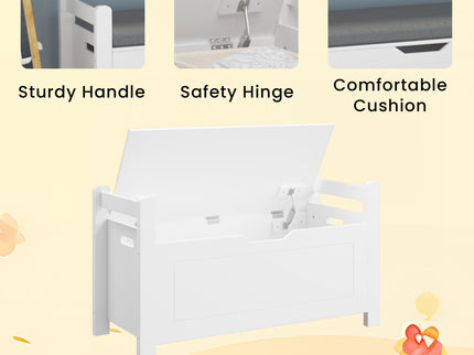 Kids Toy Box Chest Storage Cabinet With Cushion Seat Bench Flip Top Lid Safety Hinge - White