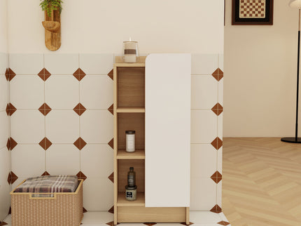 Freestanding Bathroom Side Cabinet, Narrow Storage Cabinet With Single Door & 3 Tier Open Shelves - Black / Light Oak / White