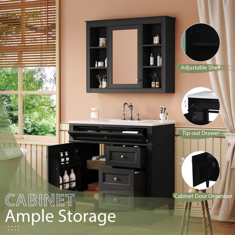 Bathroom Vanity With Top Sink, Storage Cabinet With Mirror, 2 Doors, 3 Drawers, 6 Open Shelves