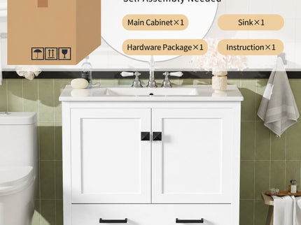 Bathroom Vanity With Sink, Soft Close Doors, Double Shelves & Divided Drawer