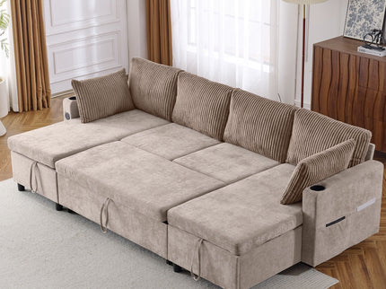 Sectional Sofa Bed With Pull Out Sleeper, USB Ports, Cup Holders