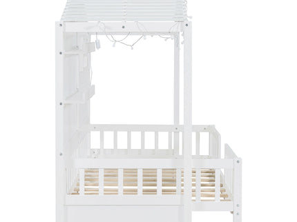 House Bed With Shelves, Window And Sparkling Light Strip On The Roof