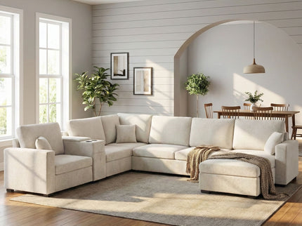 Modular 5 Seat U-Shape Sectional Sofa With Chaise Lounge, Built In Cup Holders And Storage Drawer