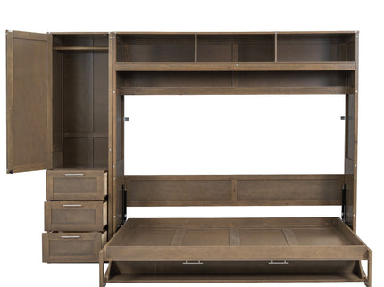 Full Size Murphy Bed With Wardrobe, Drawers, And Open Shelves - Wood