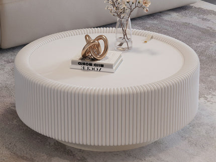 Round Fluted Coffee Table, Base & Hidden Storage - Snow White