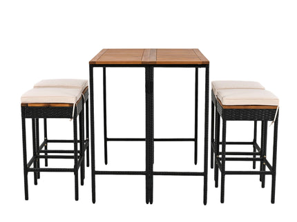 Outdoor Acacia Wood Bar Height Table And Eight Stools With Cushions