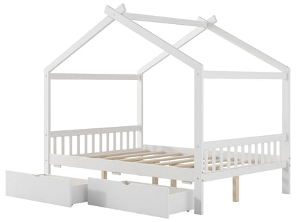 House Style Platform Bed With Headboard, Footboard, 2 Drawers, And Roof Design