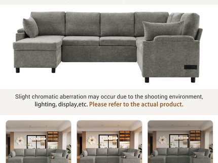 U-Shaped Sectional Sleeper Sofa With Ample Storage Space, 2 Cup Holders And Charging Ports For Living Room