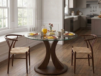 2 In 1 Round Glass Dining Table With Adjustable Curved Base, - Transparent / Walnut