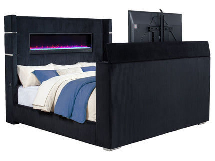 Judah - Eastern King Wingback TV Bed With Motorized Lift And Flame Visualizer - Black