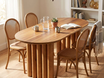 Oval Dining Table Set With 4 Birch Rattan Chairs - Brown / Light Brown