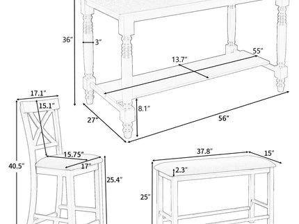 Counter Height Dining Set With Shelf, 4 Chairs And Bench