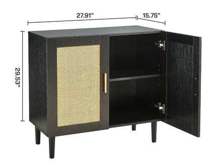 Side Panel Buffet Cabinet With Natural Rattan Door, Rattan Storage Cabinet With Adjustable Shelves, Side Panel And Buffet With Storage Space, Modern Console Cabinet In Bedroom And Living Room - Black / Beige