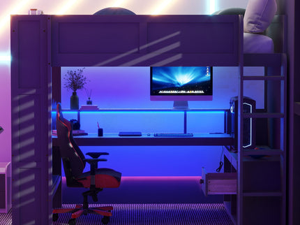 Gaming Loft Bed With Desk, Multi Storage Shelves, LED And Charging Station