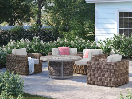Patio Seating Group For 4 With Cushions And Fire Pit Table - Brown