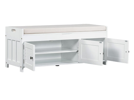 Storage Bench With 3 Shutter-Shaped Doors, Shoe Bench With Removable Cushion And Hidden Storage Space
