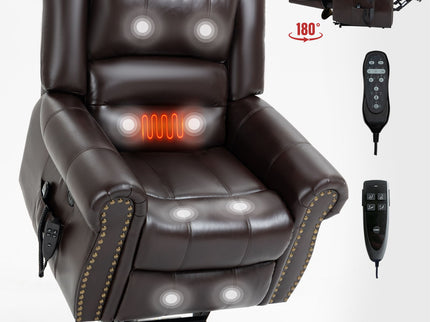 Power Lift Recliner Chair Heat Massage Dual Motor Infinite Position With USB Ports - Antique Brown