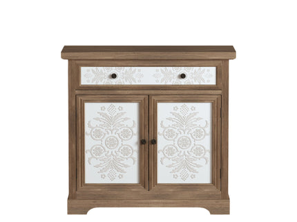 Accent Cabinet With Carved Floral Panels, Sideboard With Drawer And Double Doors - Antique Brown / White