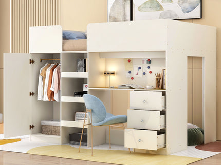 Loft Bed With Built In Wardrobe, Desk, Shelves, And Drawers