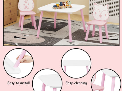 Table And Chair Set, 3 Piece Wooden Toddler Desk With Animal Backrest - Pink / White
