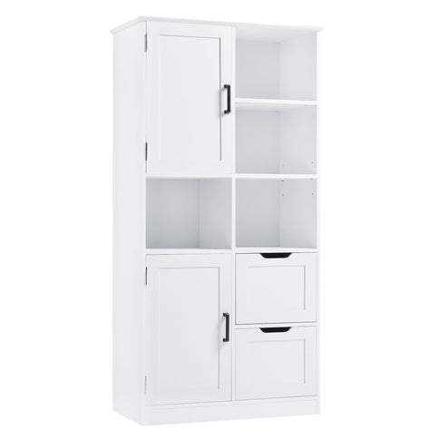 Freestanding Bathroom Storage Cabinet With Doors And Drawers, Adjustable Shelf, Open Shelves - White