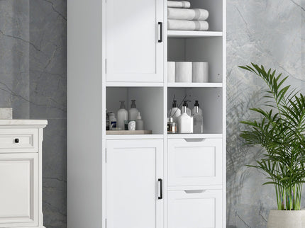 Freestanding Bathroom Storage Cabinet With Doors And Drawers, Adjustable Shelf, Open Shelves - White