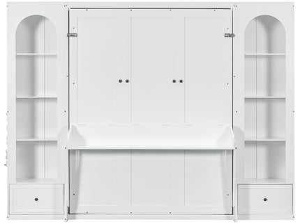 French Style Murphy Platform Bed With Shelf, Side Cabinets, Drawers And LED