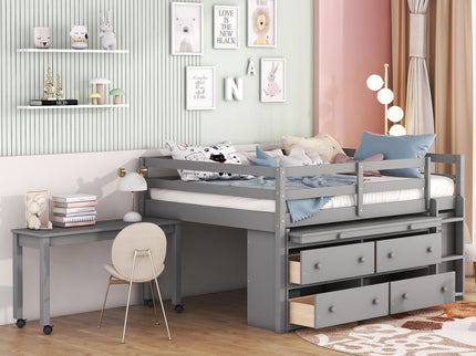 Loft Bed With Retractable Writing Desk And 4 Drawers, With Lateral Portable Desk And Shelves