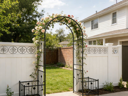 Metal Garden Arch With Two Plant Stands Wide High Climbing Plants Support Rose Arch Outdoor - Black