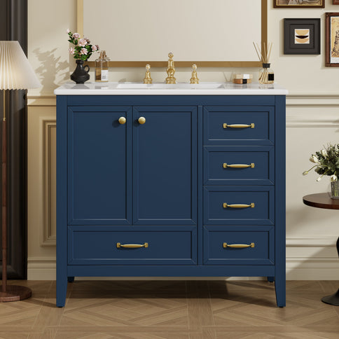 Elegant Vintage Bathroom Vanity & Sink And Soft Closing Door, 4 Drawers Of Different Sizes Frame