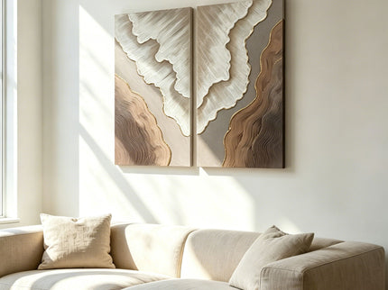 Abstract Wall Art, Textured Canvas Painting With Accents, Decor For Living Room (Set of 2) - Antique Brown+White
