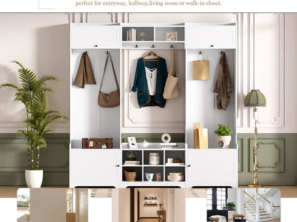 Wide Hall Tree With Shoe Storage, 4 In 1 Entryway Bench With 8 Cubbies, 7 Coat Hooks & Adjustable Shelf For Hallway - White