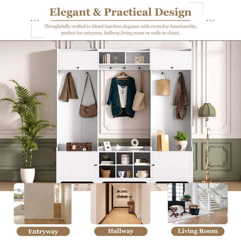 Wide Hall Tree With Shoe Storage, 4 In 1 Entryway Bench With 8 Cubbies, 7 Coat Hooks & Adjustable Shelf For Hallway - White
