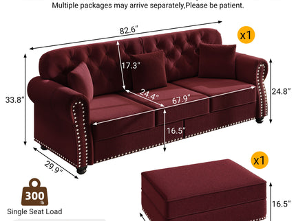 Upholstered 3 Seater Sofa Set With Ottoman