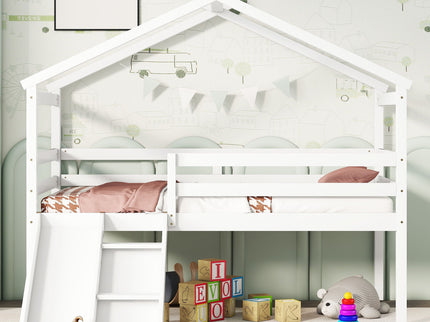 Low Loft House Bed With Slide, Ladder, Safety Guardrails, House Roof Frame
