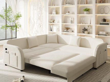 L-Shaped Couch With Pull-Out Bed, Oversize Convertible Sleeper Sofa With Side Pocket & USB Port