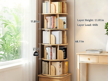 6 Tier Rotating Bookshelf With Wheels And Drawer, 360° Spinning Design, Space Saving Storage, For Home - Wood