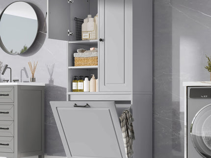 Modern Tall Storage Cabinet With Adjustable Shelves, Flip-Out Basket & Enclosed Doors