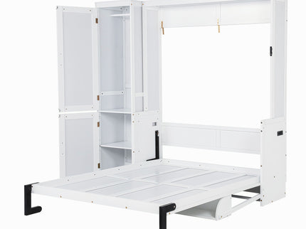 Queen Size Murphy Bed With Wardrobe, Space-Saving Hidden Wall Bed With Desk And Charging Station - White