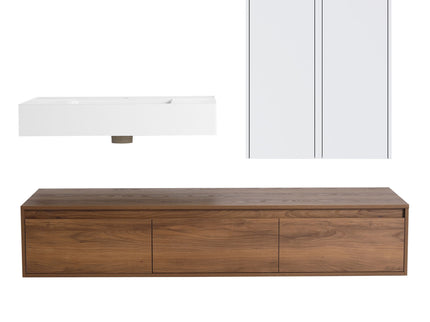 Wall Mounted Bathroom Vanity With Resin Sink And 2 Side Cabinet, 3 Soft Close Drawer - Brown Ebony
