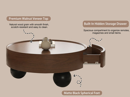Round Coffee Table With Storage Drawer And Ball Feet - Walnut / Black